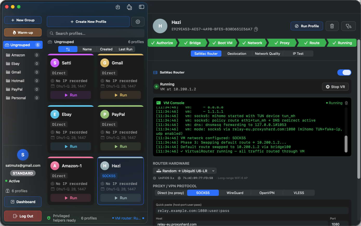 SatMac main interface showing isolated Safari profile cards