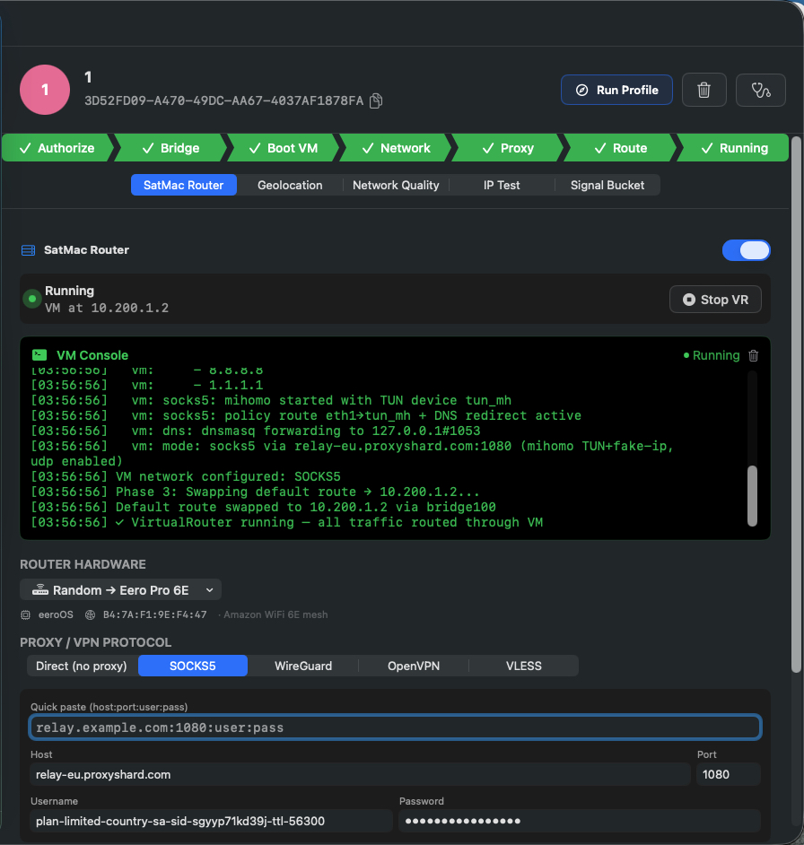 SatMac Router showing live VM console with SOCKS5 routing configured